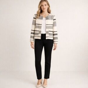 ZARA Cropped Striped Blazer Jacket LARGE Cream Black Textured Women 8341/112